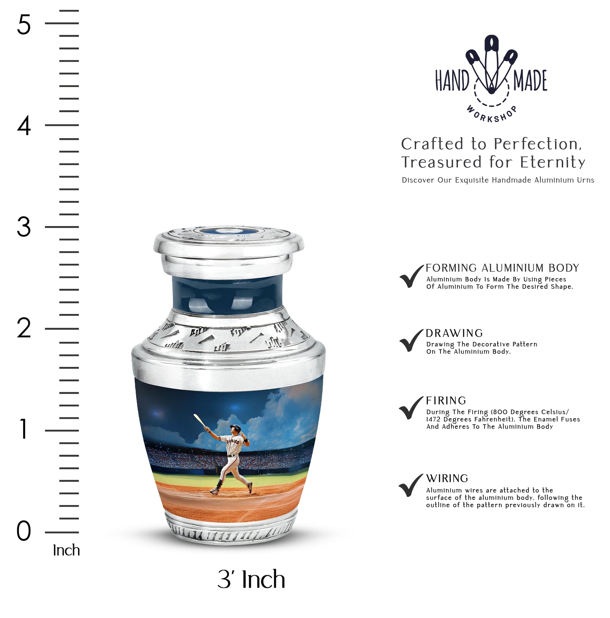 Cornflower Blue Baseball Cremation Urn top-down view of secure threaded lid - stylized abstract baseball pattern with bold lines - mini keepsake memorial for portion of cremation ashes