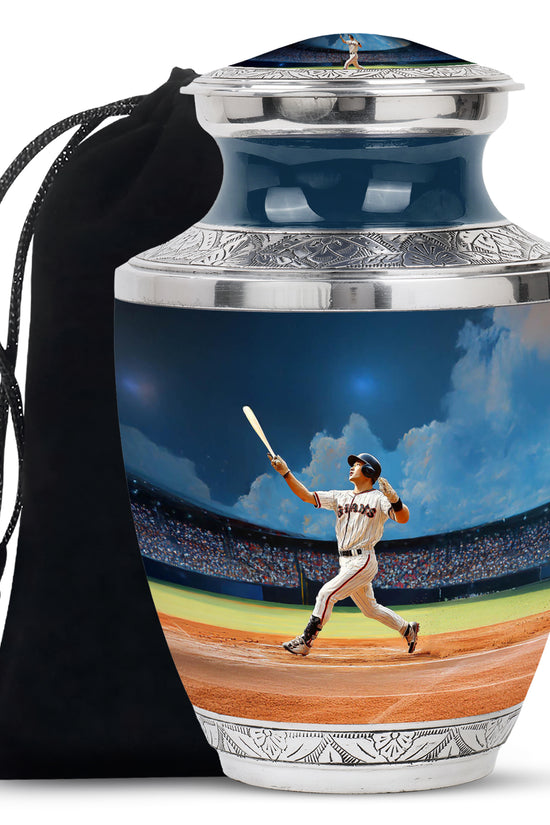 Dusty Blue Baseball Cremation Urn side profile showing urn shape - modern art-inspired baseball motif on sleek aluminum - full-size 10 inch 200 cubic inch adult cremation urn