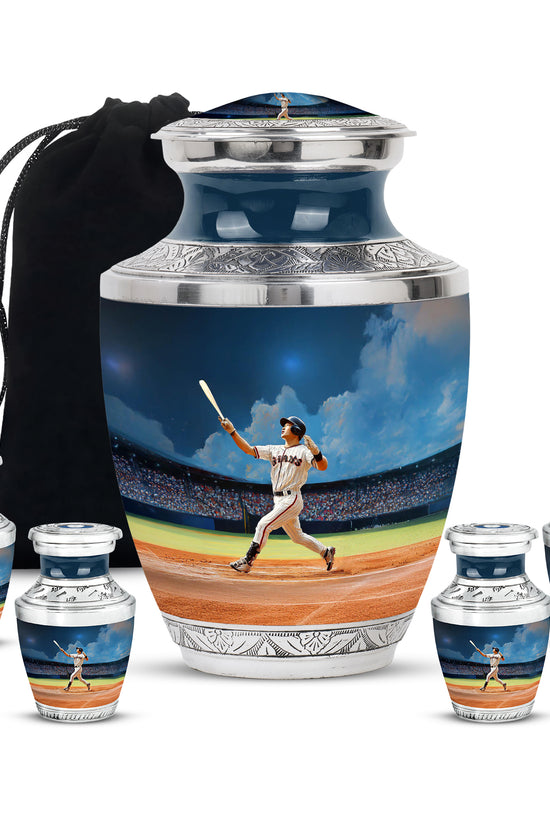 Soft Blue Baseball Cremation Urn lifestyle display on memorial shelf - stylized abstract baseball pattern with bold lines - memorial set with one large and four small urns