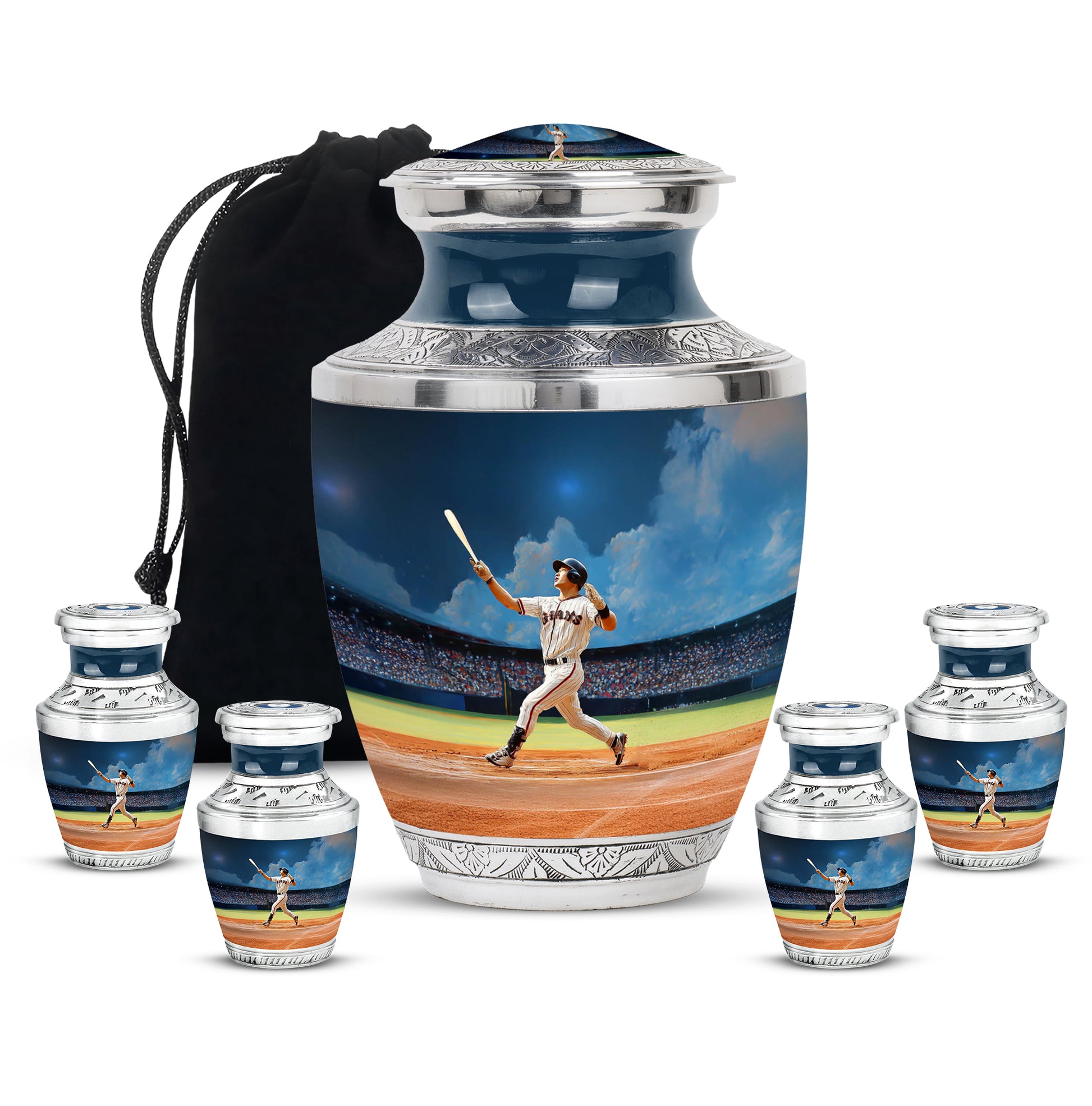 Soft Blue Baseball Cremation Urn lifestyle display on memorial shelf - stylized abstract baseball pattern with bold lines - memorial set with one large and four small urns