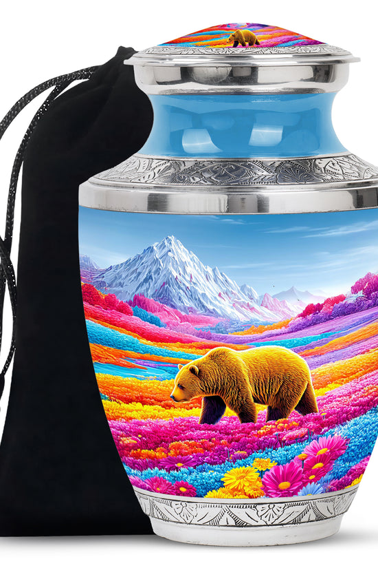 Brown Bear Funeral Urn - Colorful Flower Field Memorial Urn For Human Ashes