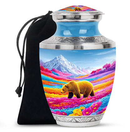 Brown Bear Funeral Urn - Colorful Flower Field Memorial Urn For Human Ashes