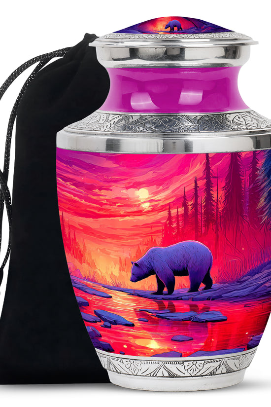 Red Sunset Bear Cremation Urn - Forest Landscape Urn For Loved Ones