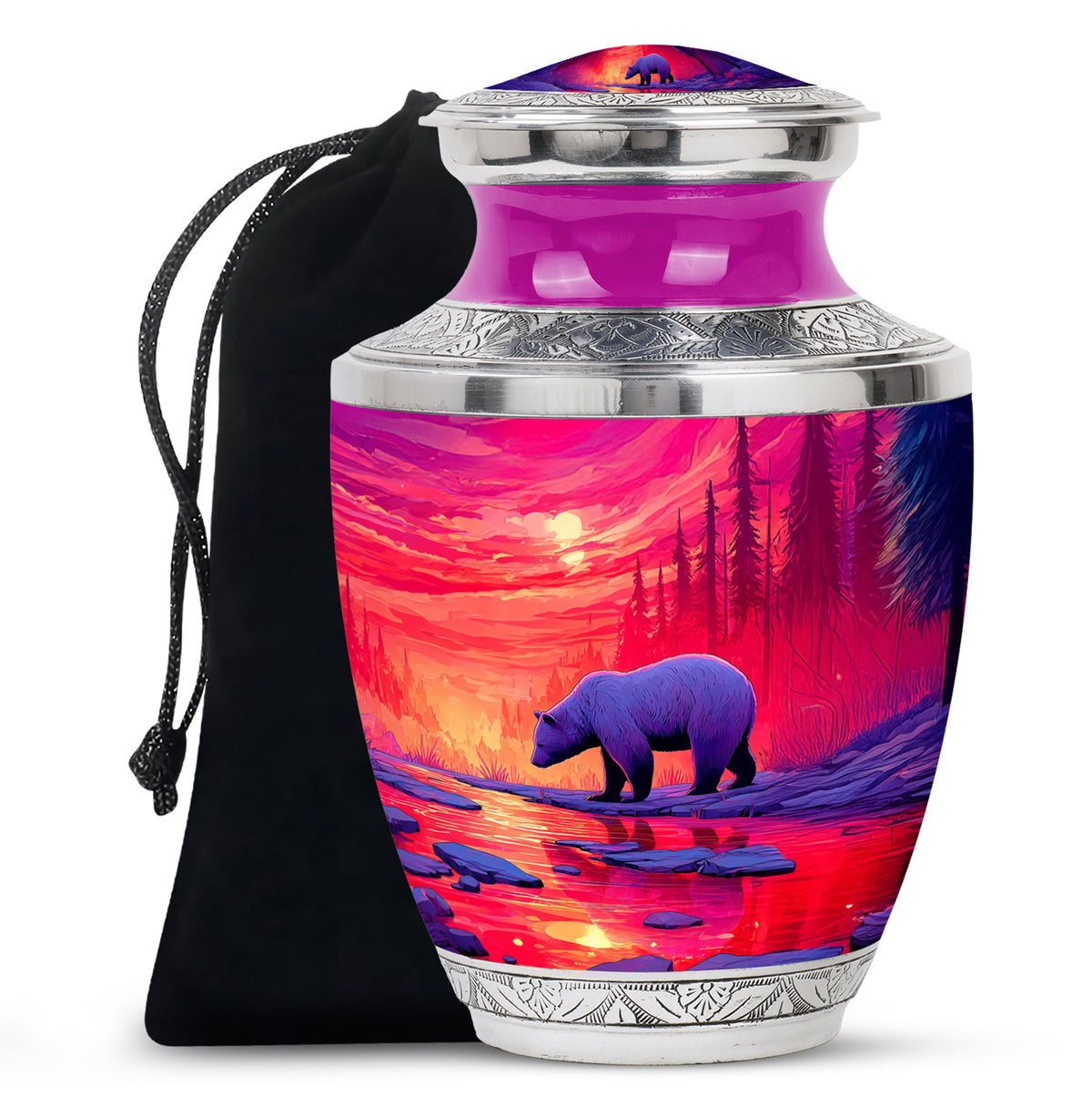 Red Sunset Bear Cremation Urn - Forest Landscape Urn For Loved Ones