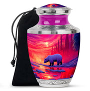 Red Sunset Bear Cremation Urn - Forest Landscape Urn For Loved Ones
