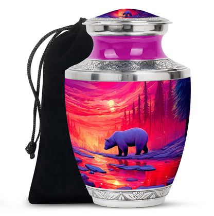 Red Sunset Bear Cremation Urn - Forest Landscape Urn For Loved Ones