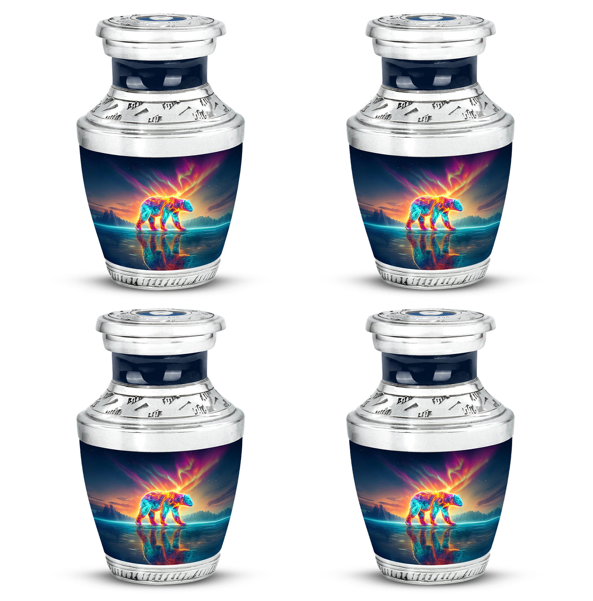 Calming Blue Bear Cremation Urn back view with polished surface - artistic bear interpretation with creative detail - 10 inch aluminum urn for cremated remains