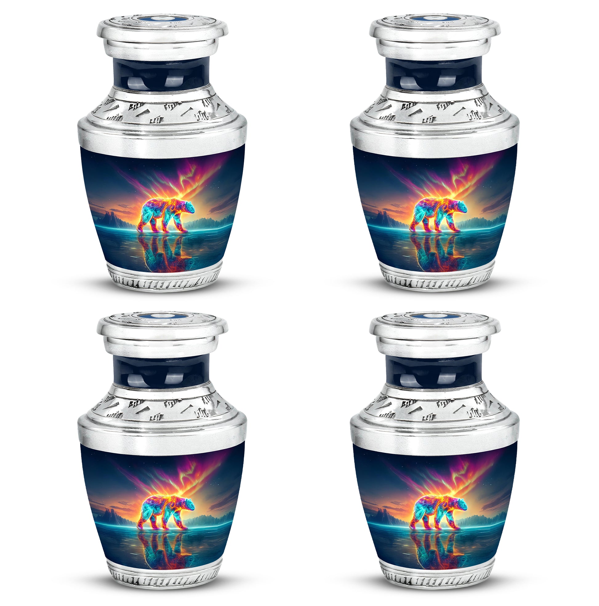 Calming Blue Bear Cremation Urn back view with polished surface - artistic bear interpretation with creative detail - 10 inch aluminum urn for cremated remains