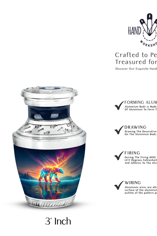 Soft Blue Bear Cremation Urn top-down view of secure threaded lid - stylized abstract bear pattern with bold lines - mini keepsake memorial for portion of cremation ashes