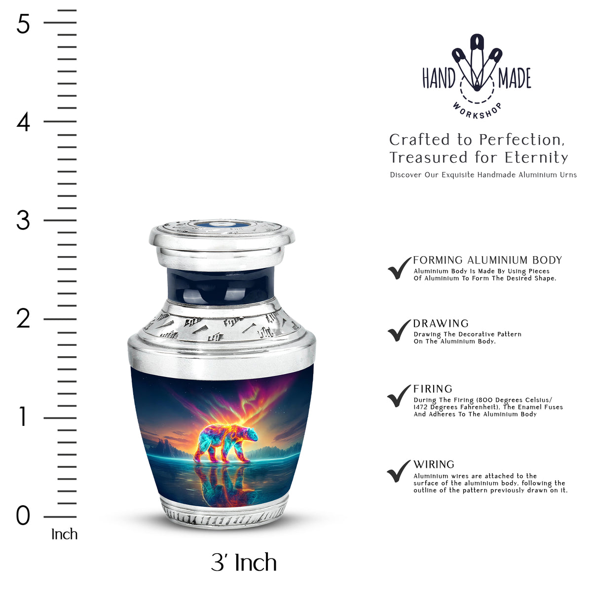 Soft Blue Bear Cremation Urn top-down view of secure threaded lid - stylized abstract bear pattern with bold lines - mini keepsake memorial for portion of cremation ashes