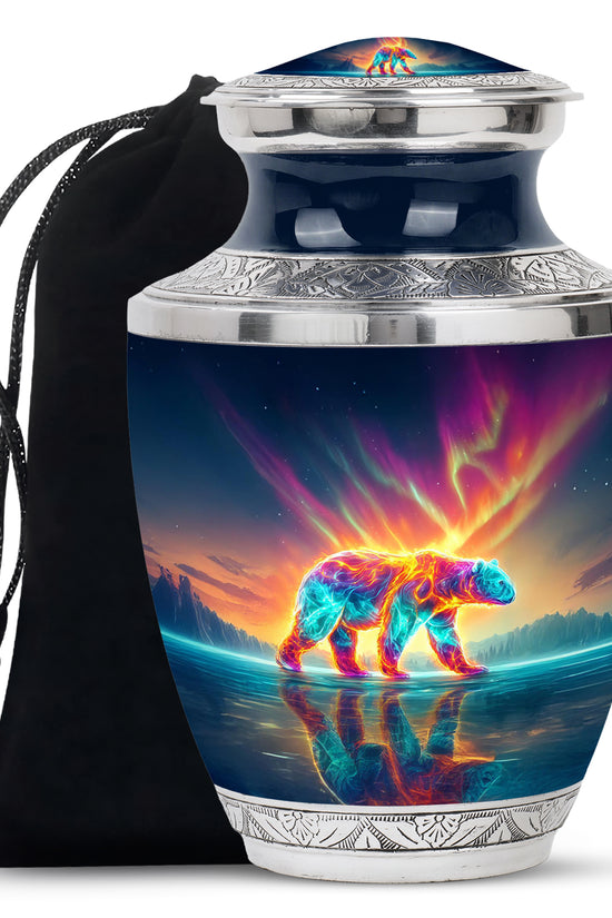 Vivid Blue Bear Cremation Urn side profile showing urn shape - stylized abstract bear pattern with bold lines - full-size 10 inch 200 cubic inch adult cremation urn