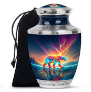 Vivid Blue Bear Cremation Urn side profile showing urn shape - stylized abstract bear pattern with bold lines - full-size 10 inch 200 cubic inch adult cremation urn