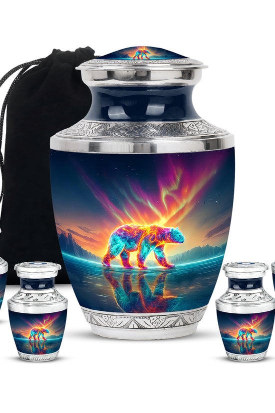 Dusty Blue Bear Cremation Urn lifestyle display on memorial shelf - contemporary bear design with modern artistic flair - memorial set with one large and four small urns