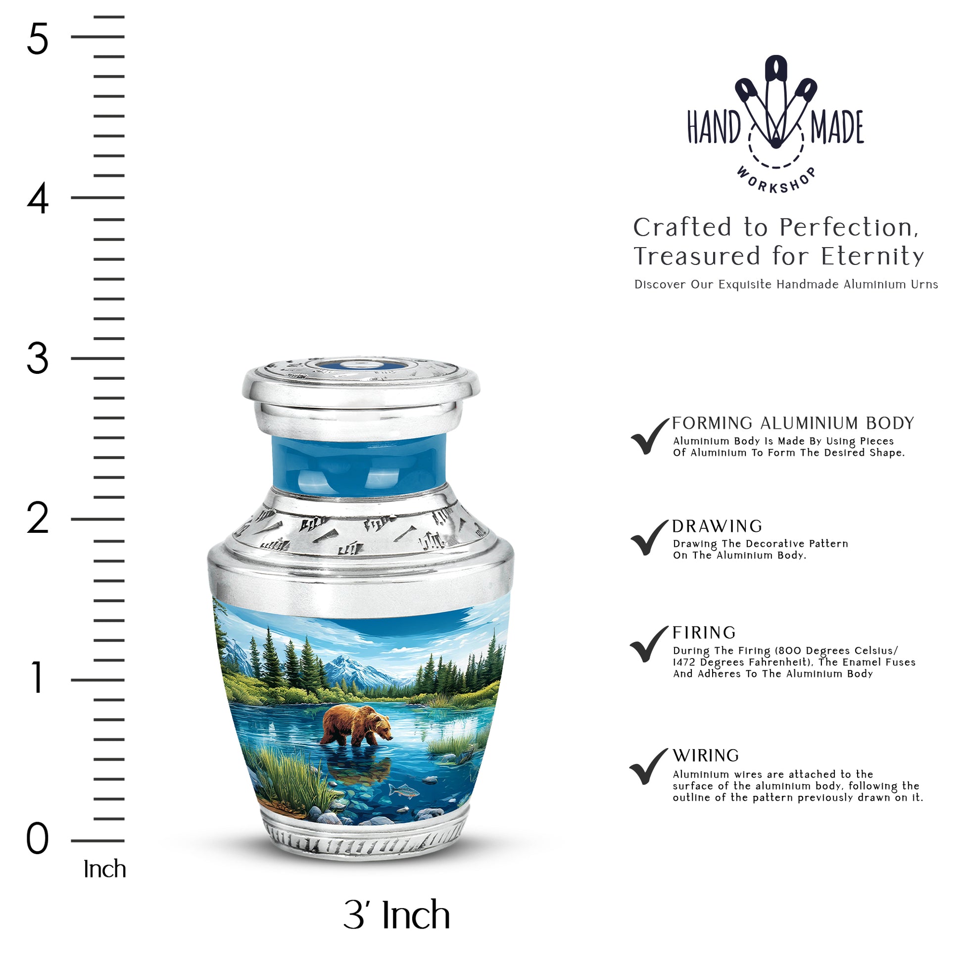 Misty Blue Bear Cremation Urn top-down view of secure threaded lid - contemporary bear design with modern artistic flair - mini keepsake memorial for portion of cremation ashes