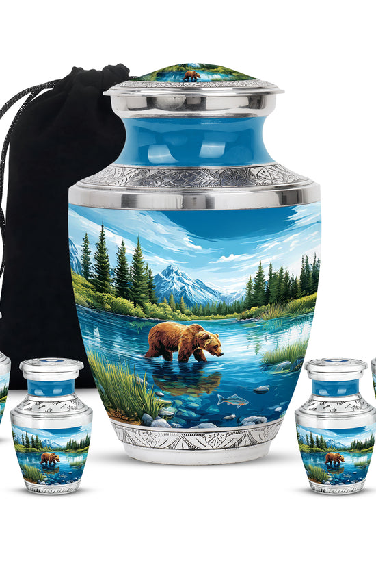 Soft Blue Bear Cremation Urn lifestyle display on memorial shelf - stylized abstract bear pattern with bold lines - memorial set with one large and four small urns