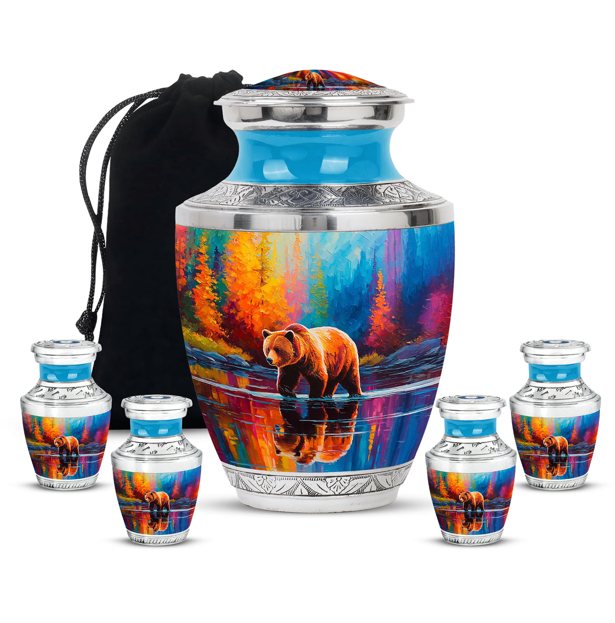 Sapphire Blue Bear Cremation Urn lifestyle display on memorial shelf - stylized abstract bear pattern with bold lines - memorial set with one large and four small urns