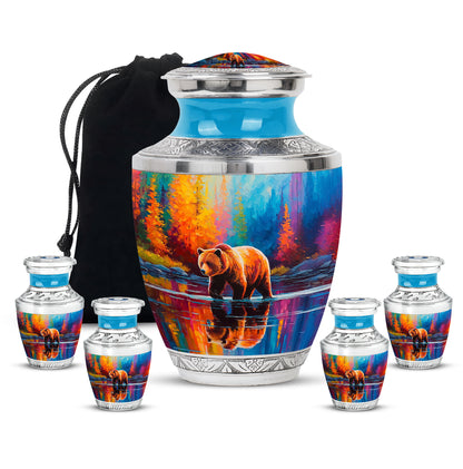 Sapphire Blue Bear Cremation Urn lifestyle display on memorial shelf - stylized abstract bear pattern with bold lines - memorial set with one large and four small urns