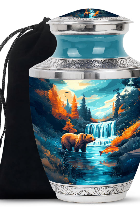 Aqua Teal Bear Cremation Urn side profile showing urn shape - artistic bear interpretation with creative detail - full-size 10 inch 200 cubic inch adult cremation urn