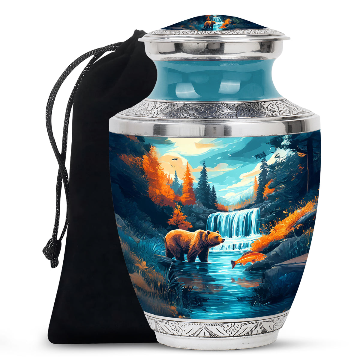 Aqua Teal Bear Cremation Urn side profile showing urn shape - artistic bear interpretation with creative detail - full-size 10 inch 200 cubic inch adult cremation urn