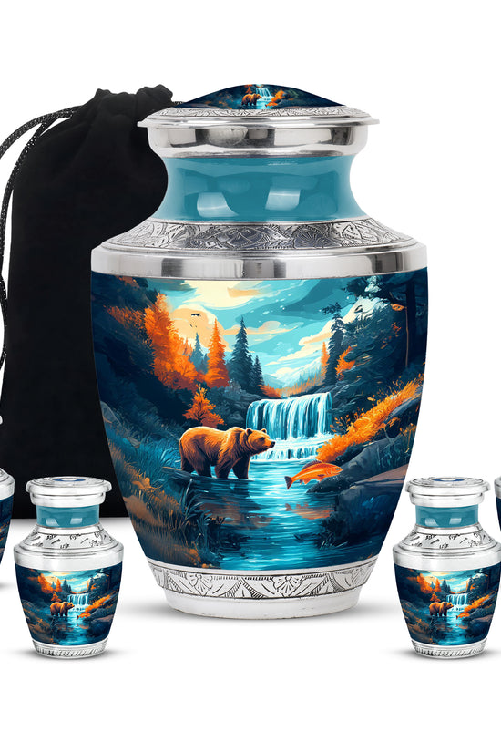 Deep Teal Bear Cremation Urn lifestyle display on memorial shelf - artistic bear interpretation with creative detail - memorial set with one large and four small urns
