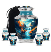 Deep Teal Bear Cremation Urn lifestyle display on memorial shelf - artistic bear interpretation with creative detail - memorial set with one large and four small urns