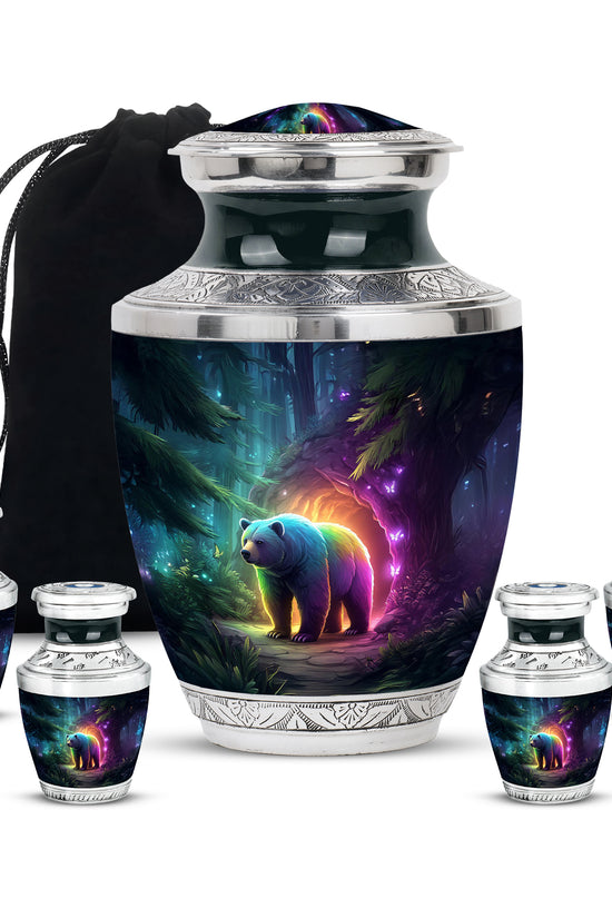 Azure Bear Cremation Urn lifestyle display on memorial shelf - contemporary bear design with modern artistic flair - memorial set with one large and four small urns