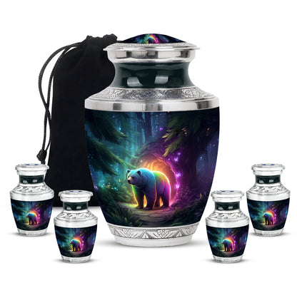 Azure Bear Cremation Urn lifestyle display on memorial shelf - contemporary bear design with modern artistic flair - memorial set with one large and four small urns