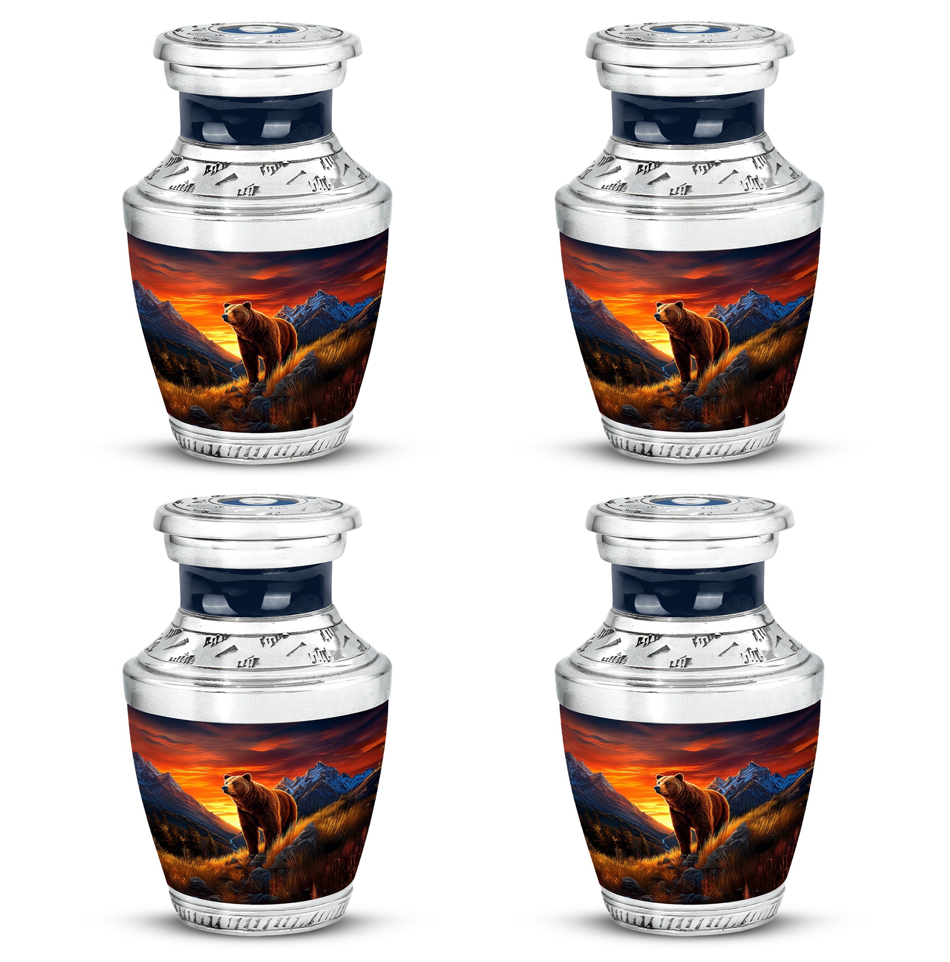 Bright Blue Bear Cremation Urn back view with polished surface - stylized abstract bear pattern with bold lines - 10 inch aluminum urn for cremated remains