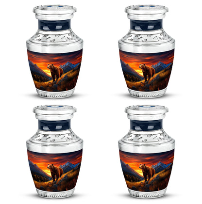 Bright Blue Bear Cremation Urn back view with polished surface - stylized abstract bear pattern with bold lines - 10 inch aluminum urn for cremated remains