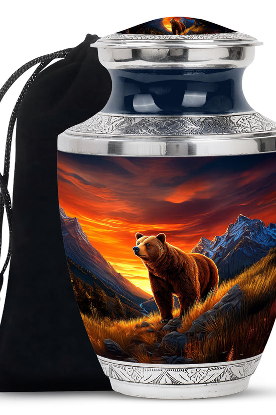 Celestial Blue Bear Cremation Urn side profile showing urn shape - modern art-inspired bear motif on sleek aluminum - full-size 10 inch 200 cubic inch adult cremation urn