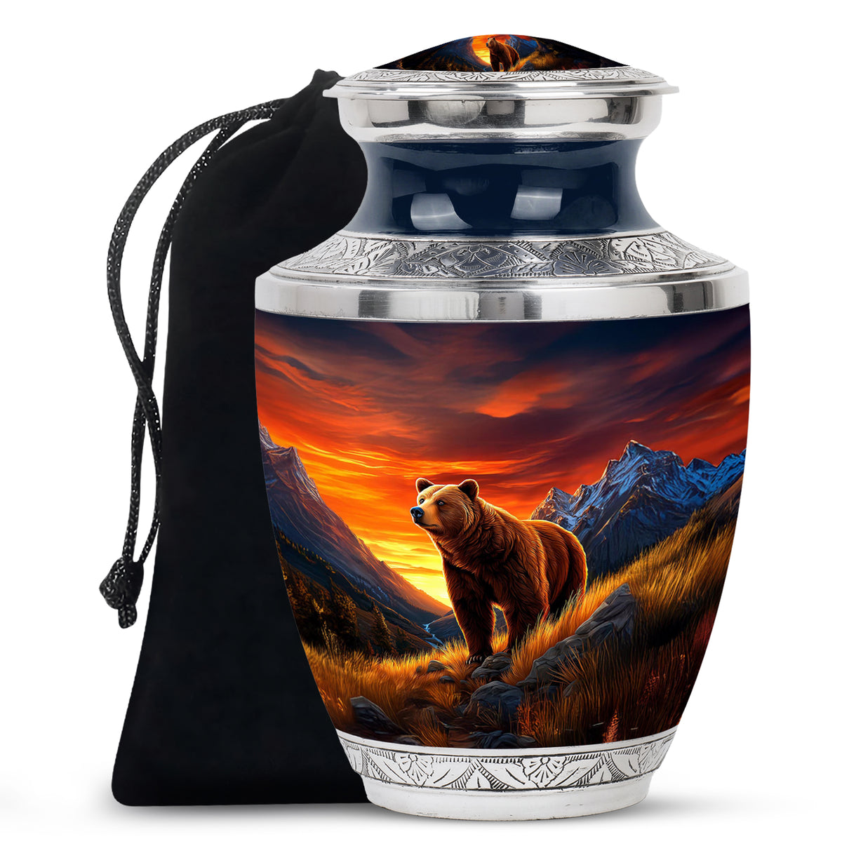 Celestial Blue Bear Cremation Urn side profile showing urn shape - modern art-inspired bear motif on sleek aluminum - full-size 10 inch 200 cubic inch adult cremation urn