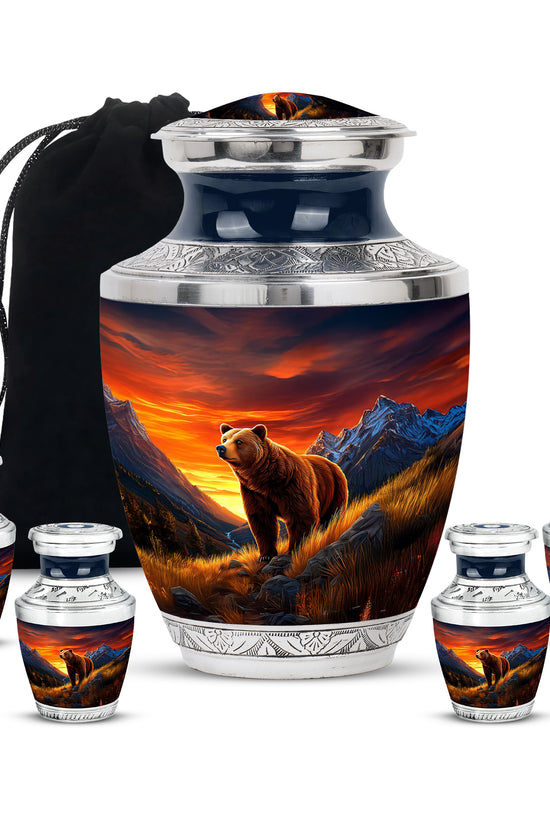 Royal Blue Bear Cremation Urn lifestyle display on memorial shelf - stylized abstract bear pattern with bold lines - memorial set with one large and four small urns