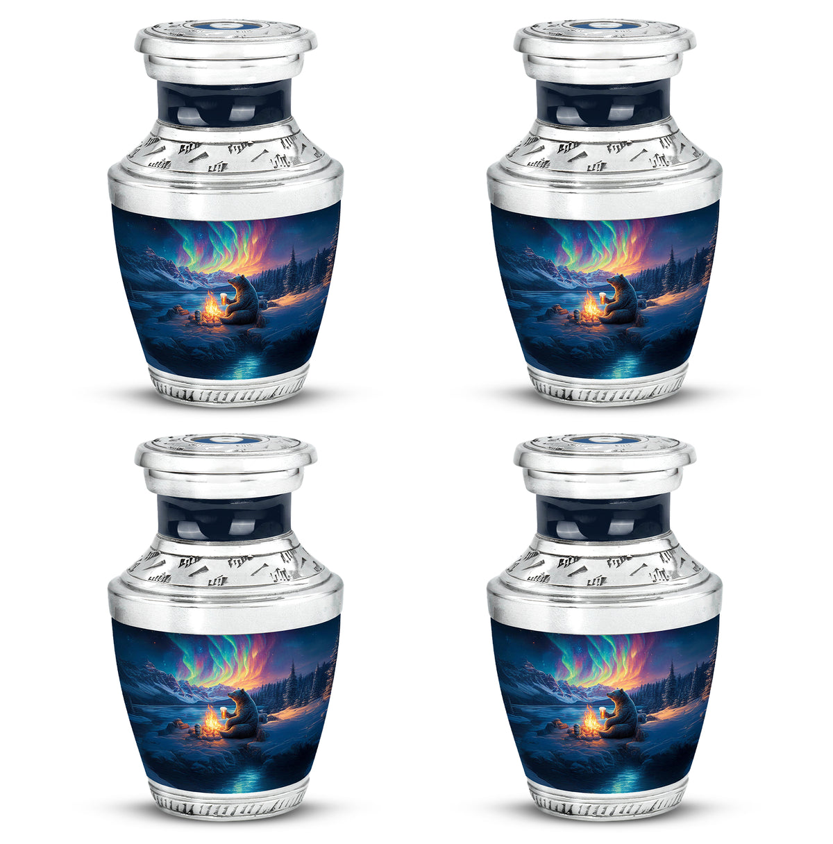 Twilight Blue Bear Cremation Urn back view with polished surface - artistic bear interpretation with creative detail - 10 inch aluminum urn for cremated remains