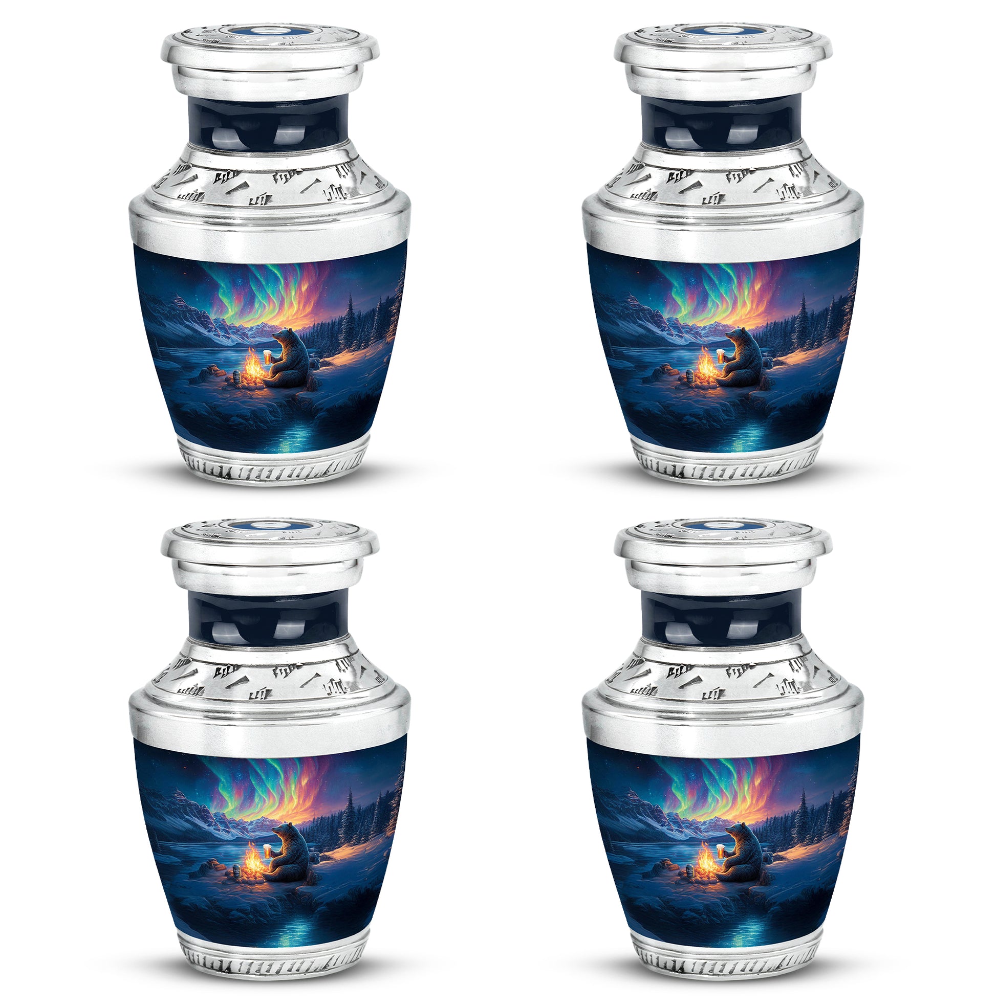 Twilight Blue Bear Cremation Urn back view with polished surface - artistic bear interpretation with creative detail - 10 inch aluminum urn for cremated remains