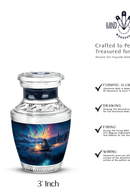 Azure Bear Cremation Urn top-down view of secure threaded lid - modern art-inspired bear motif on sleek aluminum - mini keepsake memorial for portion of cremation ashes