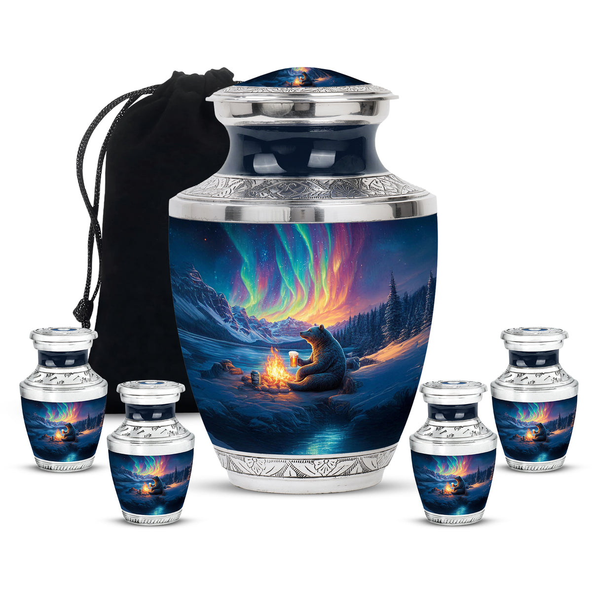 Slate Blue Bear Cremation Urn lifestyle display on memorial shelf - modern art-inspired bear motif on sleek aluminum - memorial set with one large and four small urns