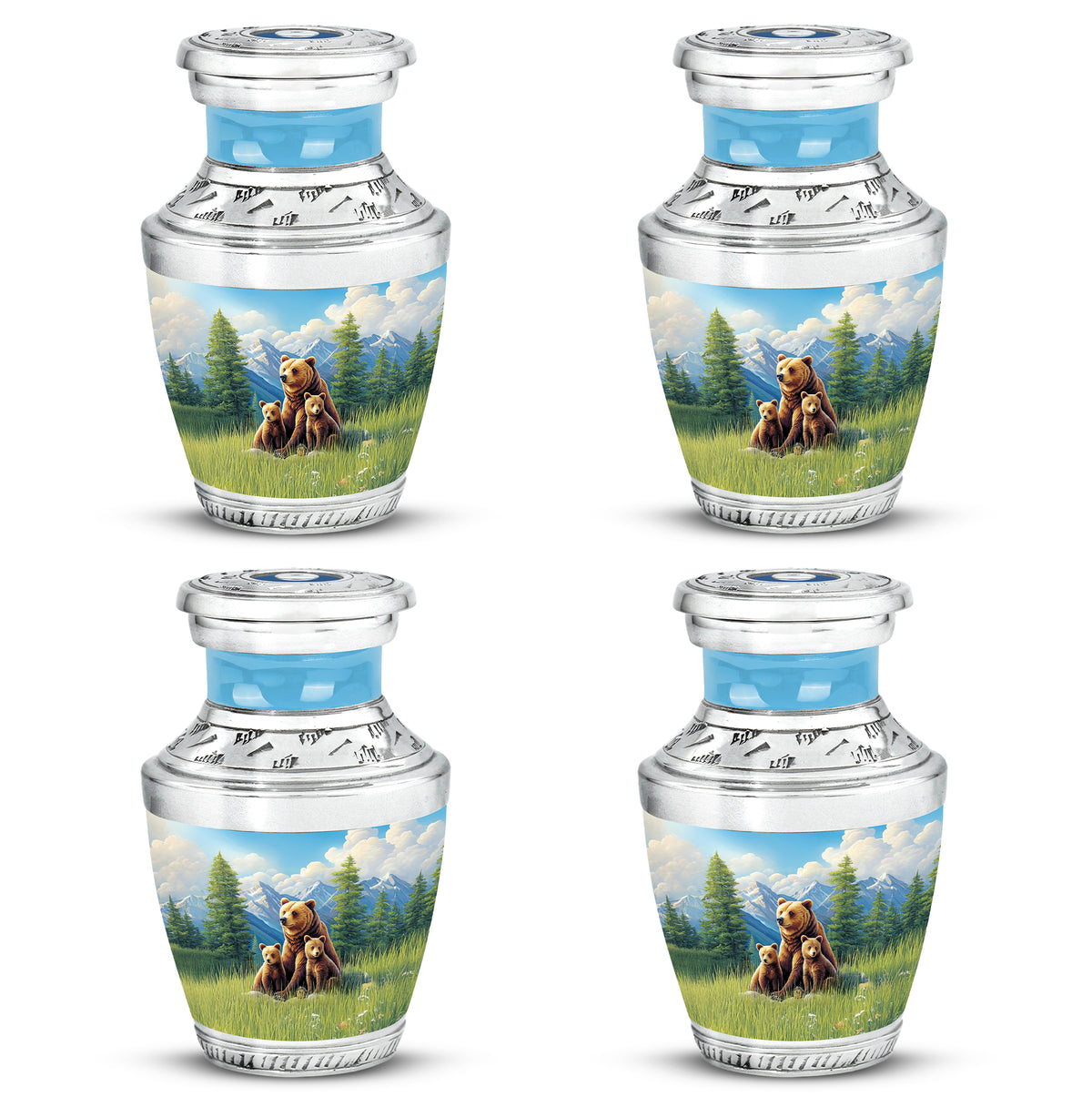 Indigo Bear Cremation Urn back view with polished surface - modern art-inspired bear motif on sleek aluminum - 10 inch aluminum urn for cremated remains