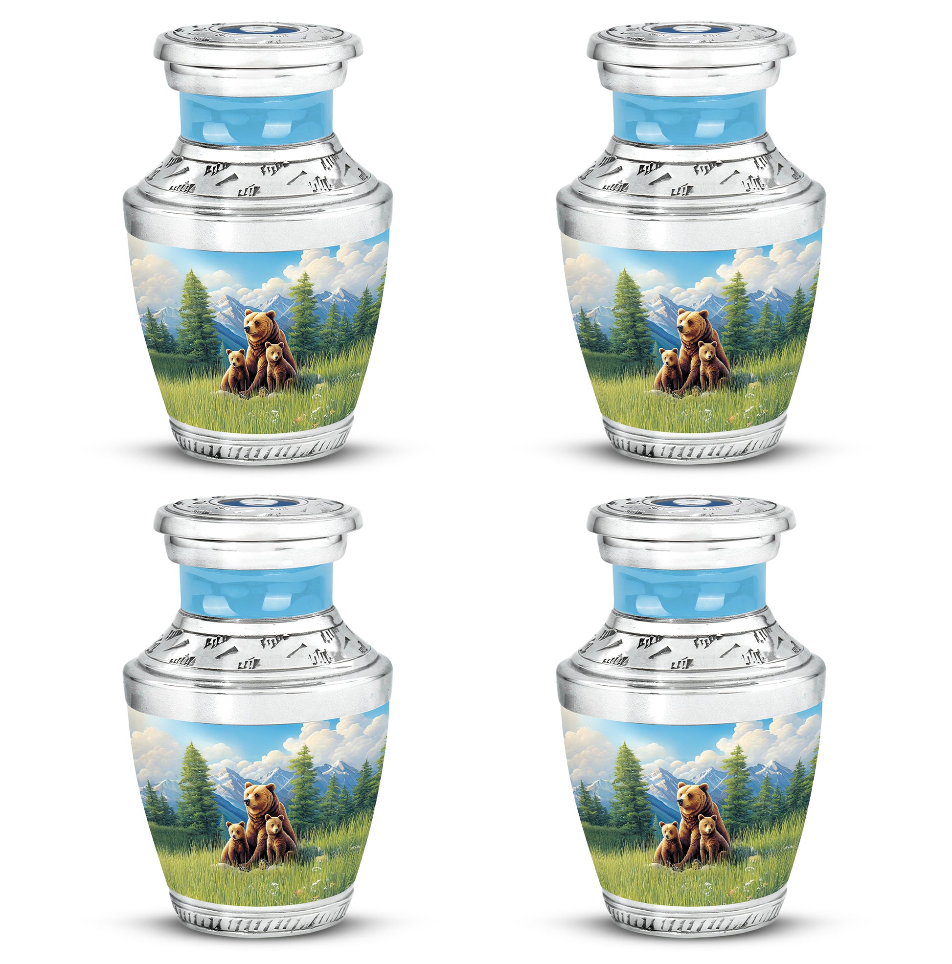 Indigo Bear Cremation Urn back view with polished surface - modern art-inspired bear motif on sleek aluminum - 10 inch aluminum urn for cremated remains