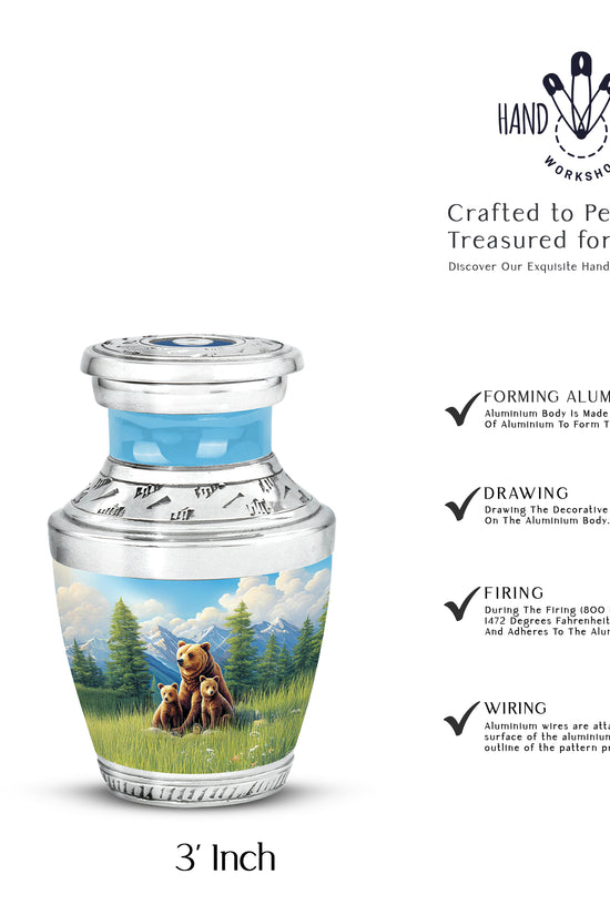 Navy Blue Bear Cremation Urn top-down view of secure threaded lid - modern art-inspired bear motif on sleek aluminum - mini keepsake memorial for portion of cremation ashes