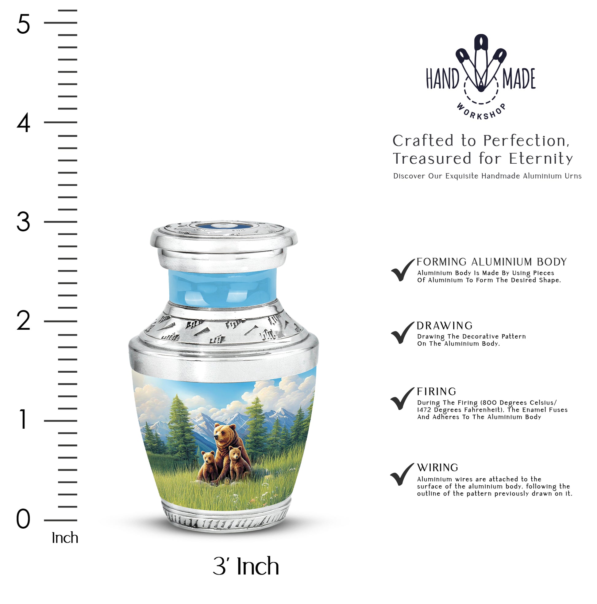 Navy Blue Bear Cremation Urn top-down view of secure threaded lid - modern art-inspired bear motif on sleek aluminum - mini keepsake memorial for portion of cremation ashes