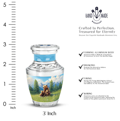 Navy Blue Bear Cremation Urn top-down view of secure threaded lid - modern art-inspired bear motif on sleek aluminum - mini keepsake memorial for portion of cremation ashes