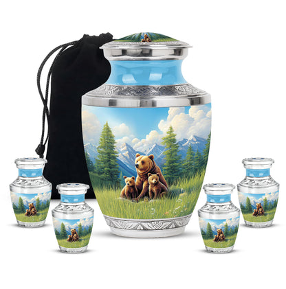 Slate Blue Bear Cremation Urn lifestyle display on memorial shelf - modern art-inspired bear motif on sleek aluminum - memorial set with one large and four small urns