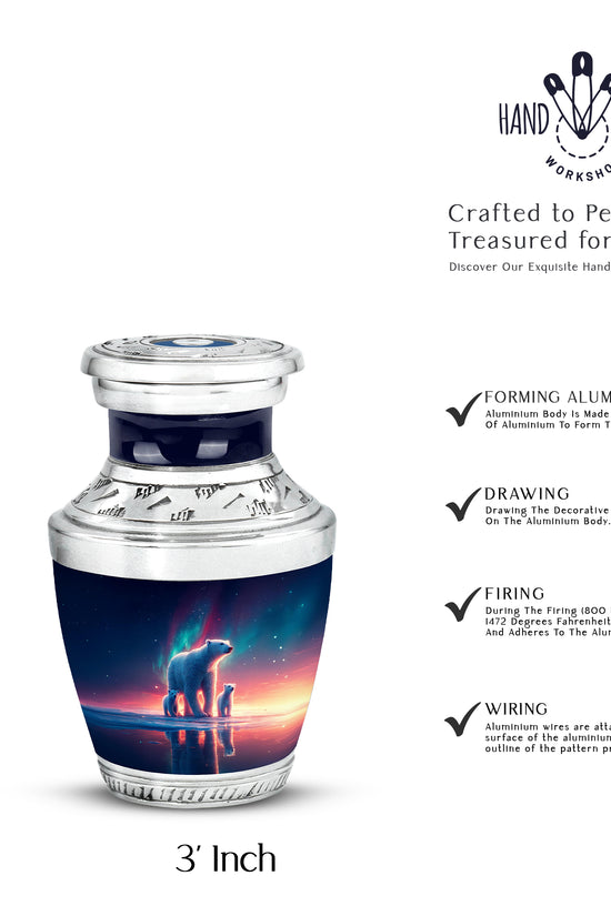 Indigo Bear Cremation Urn top-down view of secure threaded lid - modern art-inspired bear motif on sleek aluminum - mini keepsake memorial for portion of cremation ashes