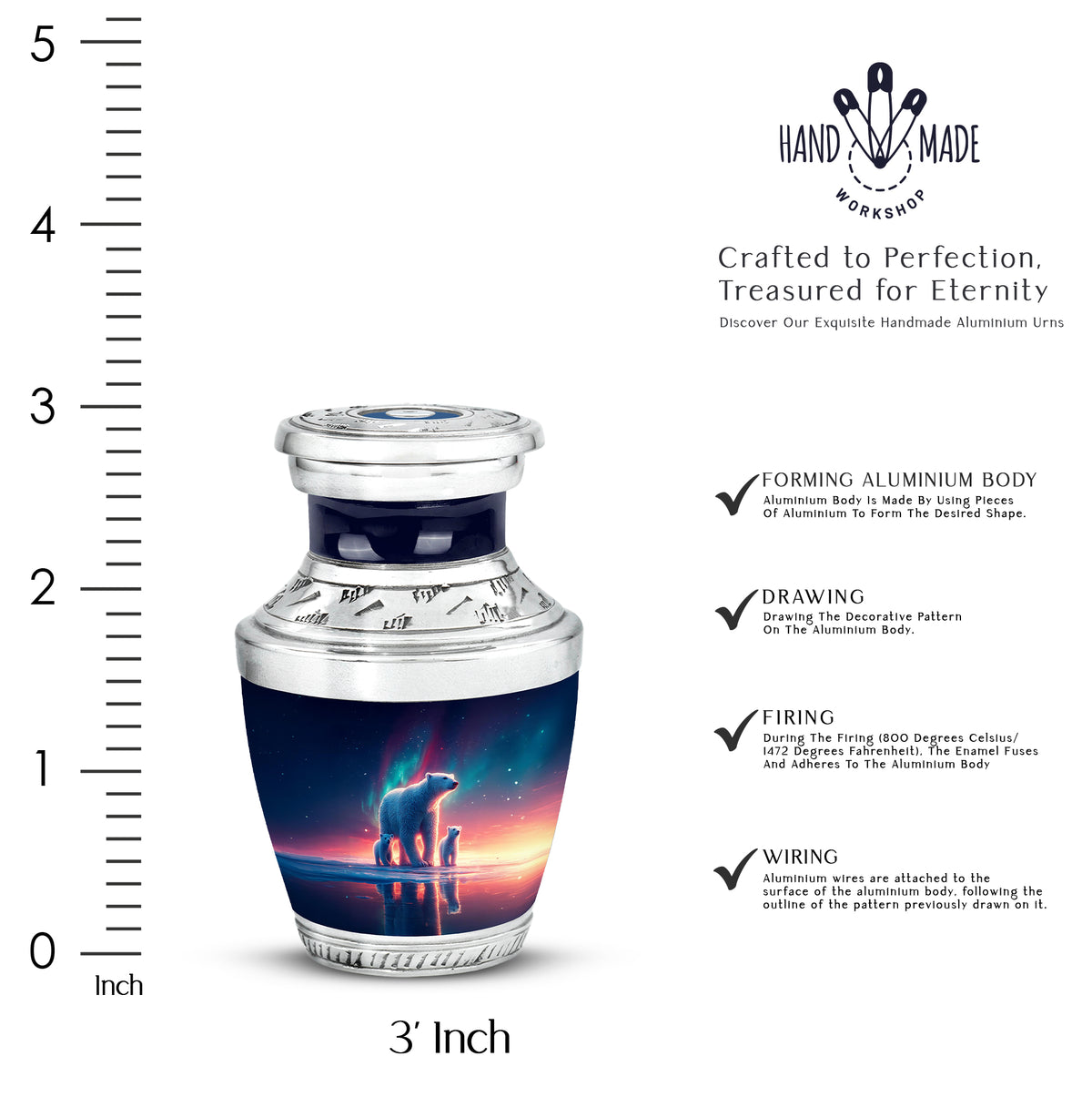 Indigo Bear Cremation Urn top-down view of secure threaded lid - modern art-inspired bear motif on sleek aluminum - mini keepsake memorial for portion of cremation ashes