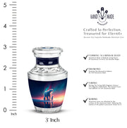 Indigo Bear Cremation Urn top-down view of secure threaded lid - modern art-inspired bear motif on sleek aluminum - mini keepsake memorial for portion of cremation ashes