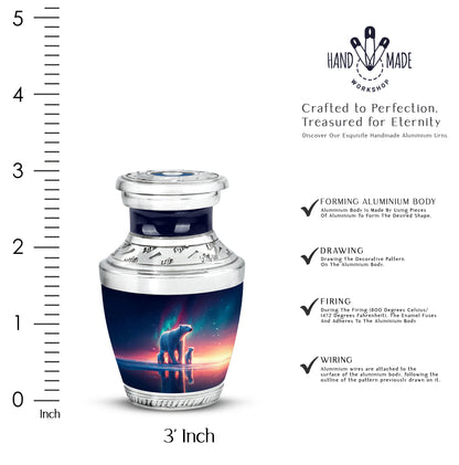 Indigo Bear Cremation Urn top-down view of secure threaded lid - modern art-inspired bear motif on sleek aluminum - mini keepsake memorial for portion of cremation ashes