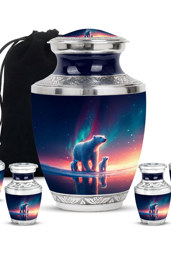 Navy Blue Bear Cremation Urn lifestyle display on memorial shelf - modern art-inspired bear motif on sleek aluminum - memorial set with one large and four small urns