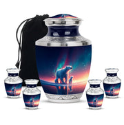 Navy Blue Bear Cremation Urn lifestyle display on memorial shelf - modern art-inspired bear motif on sleek aluminum - memorial set with one large and four small urns