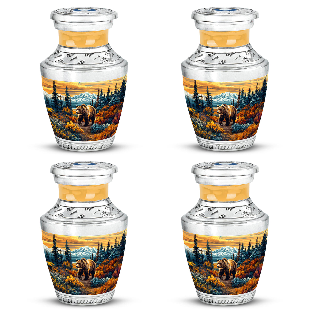 Sunrise Gold Bear Cremation Urn back view with polished surface - modern art-inspired bear motif on sleek aluminum - 10 inch aluminum urn for cremated remains