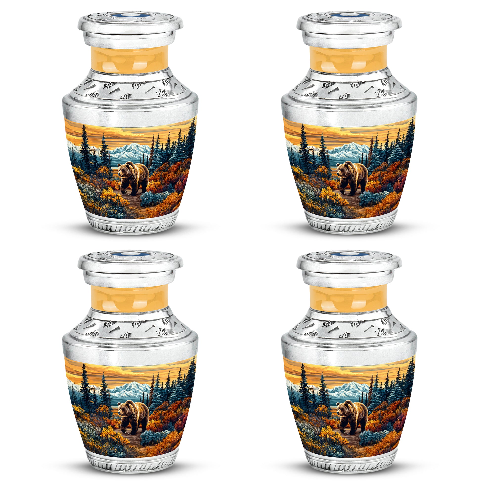 Sunrise Gold Bear Cremation Urn back view with polished surface - modern art-inspired bear motif on sleek aluminum - 10 inch aluminum urn for cremated remains